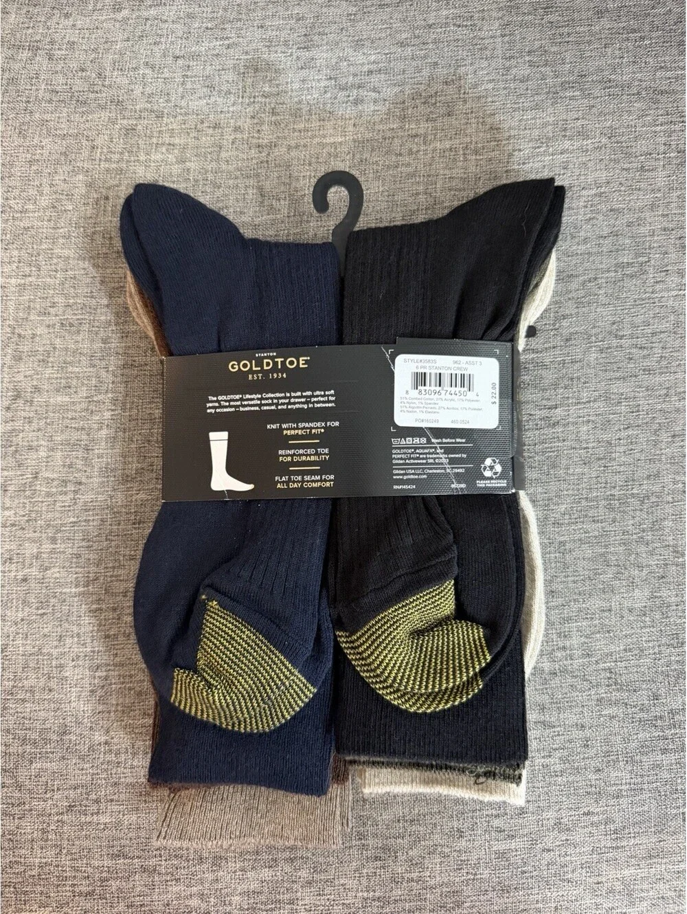 Gold Toe Stanton Cotton Crew Socks 6 Pairs Mens Size 6-12.5